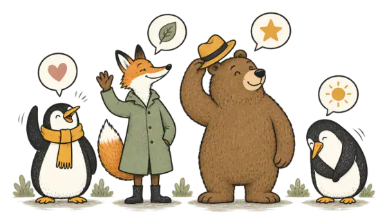 The fox, the bear and two penguins wave hello.