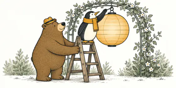 A bear holds a ladder steady while a penguin on top hangs a paper lantern from an arch of leaves.